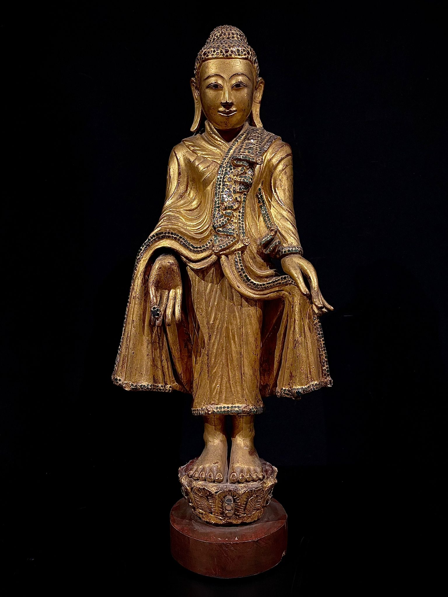 Gilt Wooden Standing Buddha inlaid with Rubies and Semi- Precious Stone- 7229